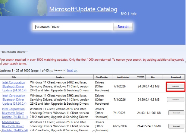 microsoft catalog bluetooth driver