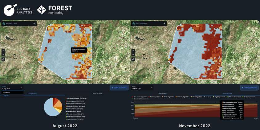 Forest health status before and after a wildfire in Guarda, Portugal in 2022