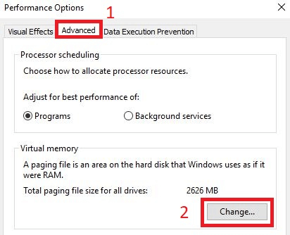 Select the Advanced tab and choose Change from the Virtual Memory section