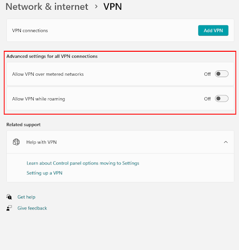 Network and Internet - Allow VPN over Metered Networks