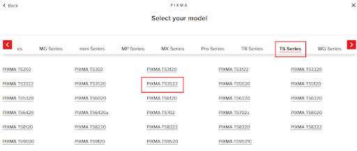 select TS Series and then choose PIXMA TS3522