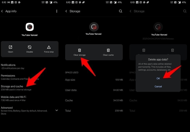 Youtube Vanced -select the option to Clear Storage