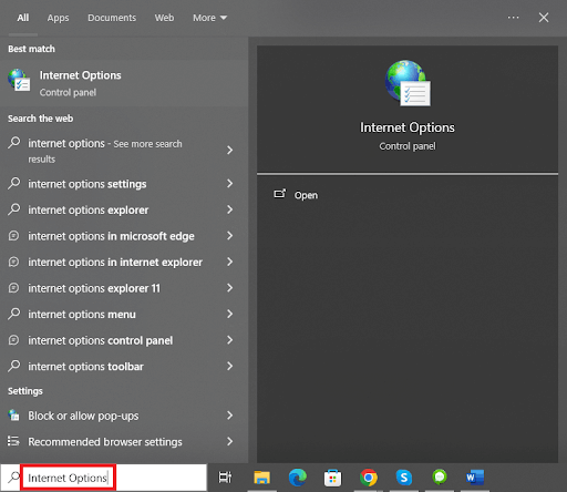choose Internet Options in Windows Search