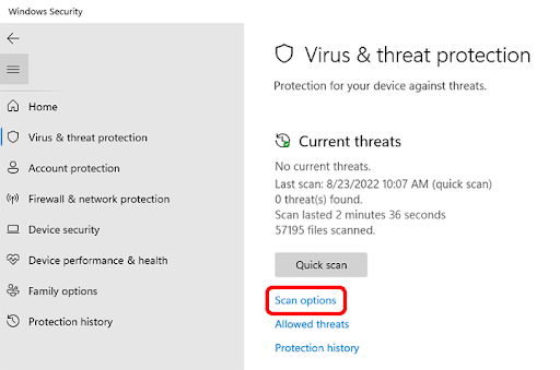 Select Scan options in Virus & threat protection