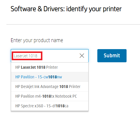 LaserJet 1018 into the search field of HP official site