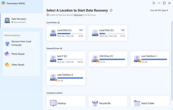 Tenorshare 4DDiG - Select a Location to start data recovery