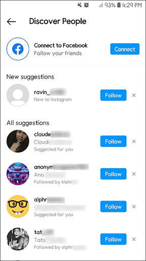 Suggested for you list to find the Instagram account
