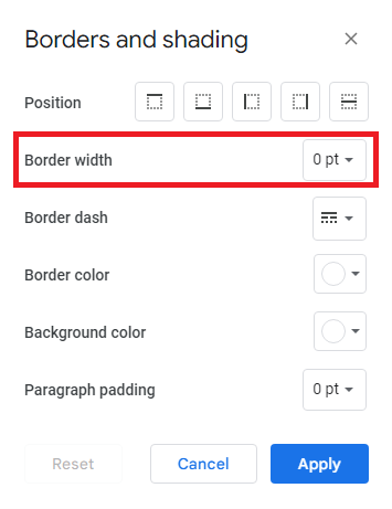 Borders and Shading - Border Width