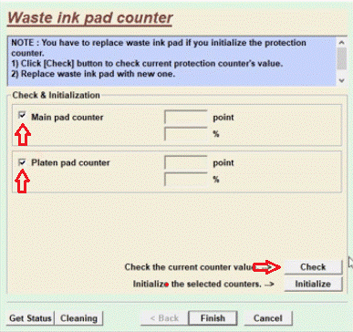 Main pad counter and Platen pad counter checkboxes and select Check
