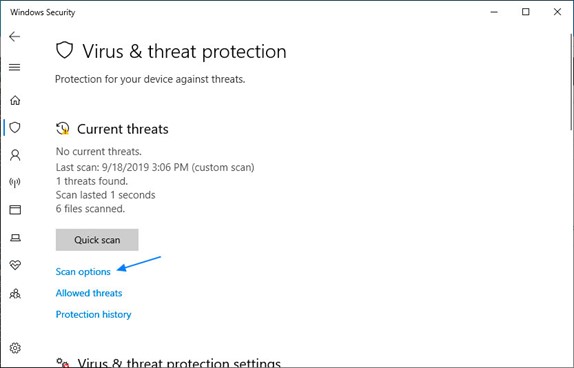 Under Current threats click on the Scan options option