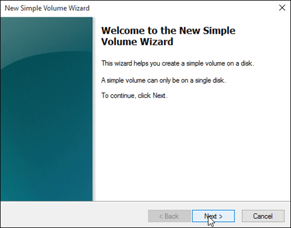 New Simple Volume wizard - Click on next
