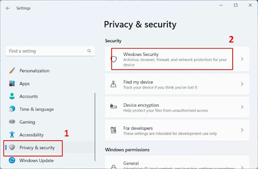 Select Windows Security in the privacy and security
