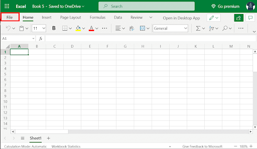 select the File option on your Excel web application