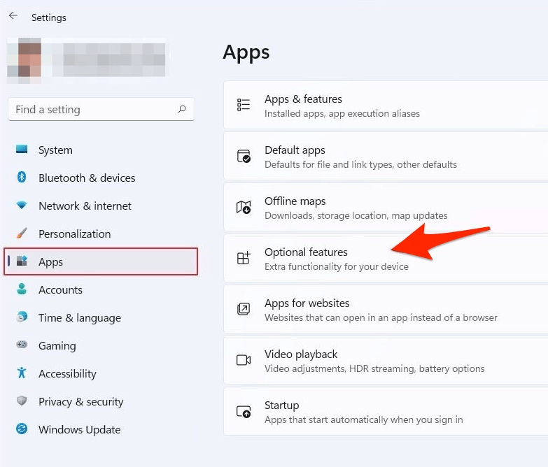 Apps from the left pane and Optional features