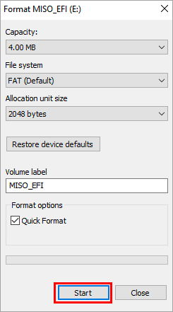 Select Start to begin formatting the USB drive