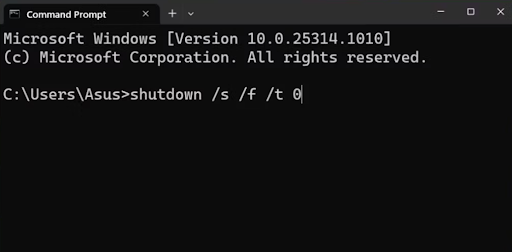 Command Prompt (Admin), type shutdown s f t 0