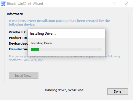 wait for installation of libusb wizard