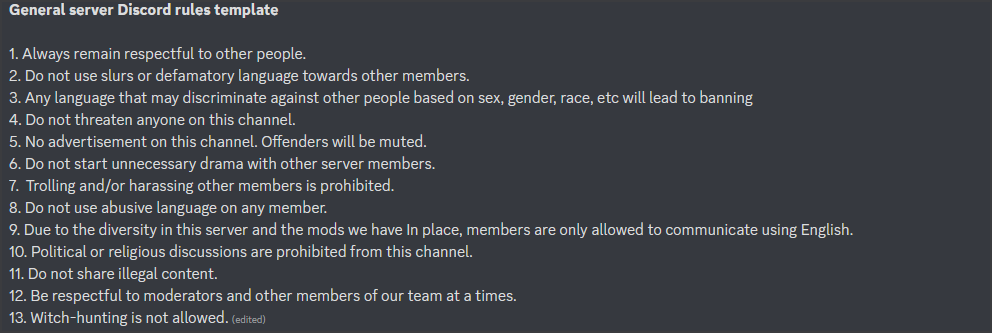 General Discord server rules template