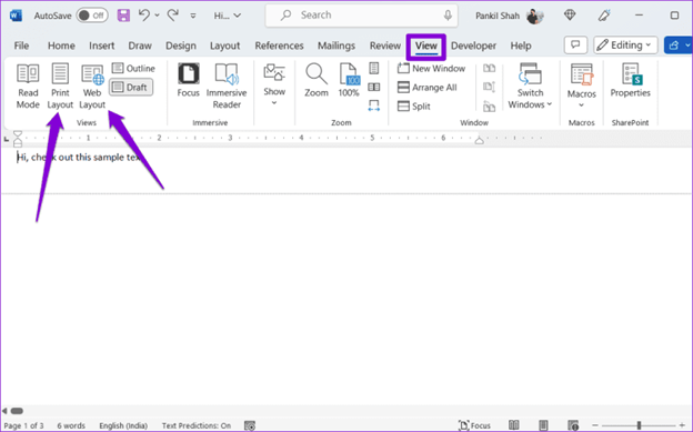 MS word select view and then print layout or web layout