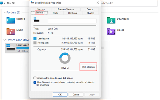 General tab and click on the Disk Cleanup