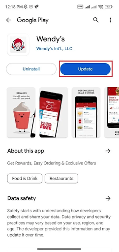 Update wendys app from app store
