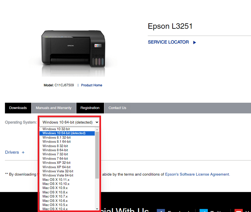 Choose Operating system to download Epson l3251 Driver