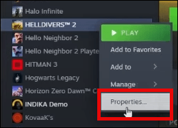 Helldivers 2 from the LIBRARY, and then select Properties