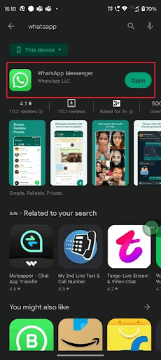 application page of WhatsApp Messenger