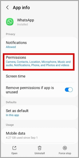 Tap on the Permissions option to access the authorization WhatsApp