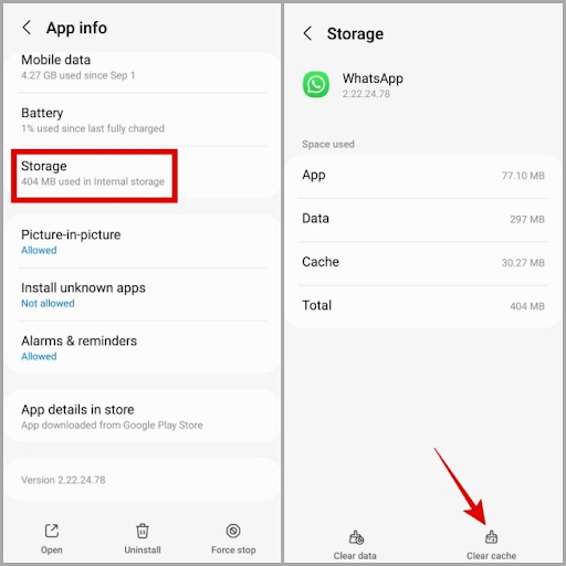 Tap on the Storage option and then choose to Clear cache