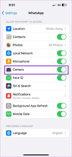 toggle on the permissions for the Camera