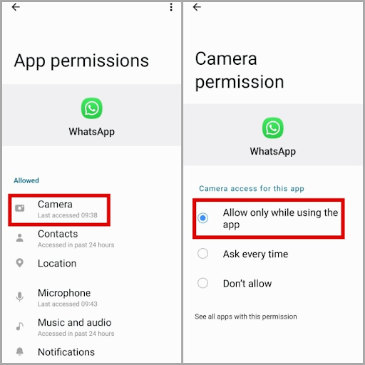 Allow only while using the app from the options for camera access