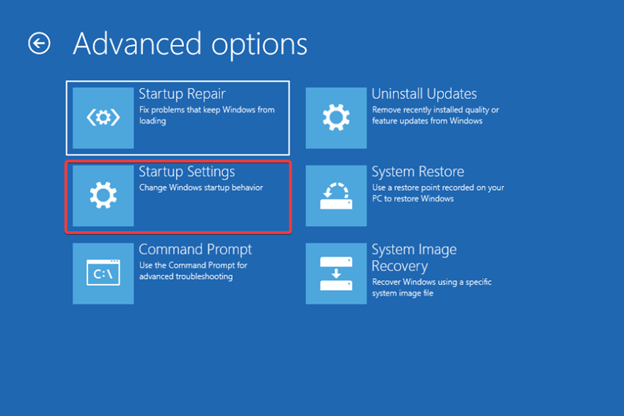 choose Startup settings from the on-screen Advanced options menu