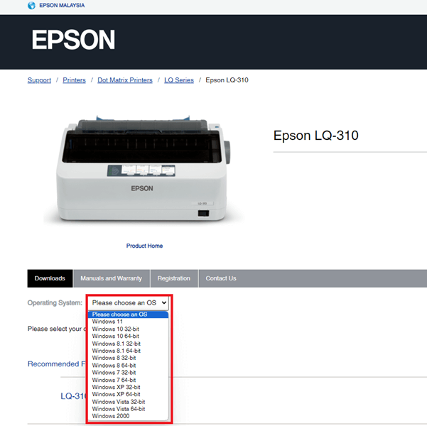 Choose operating system to get the epson lq 310 driver
