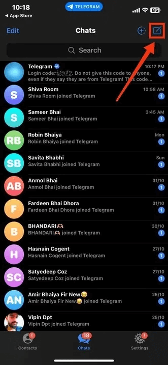 click on edit option of telegram app on iphone