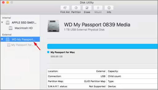 WD My Passport from the left panel of the Disk Utility