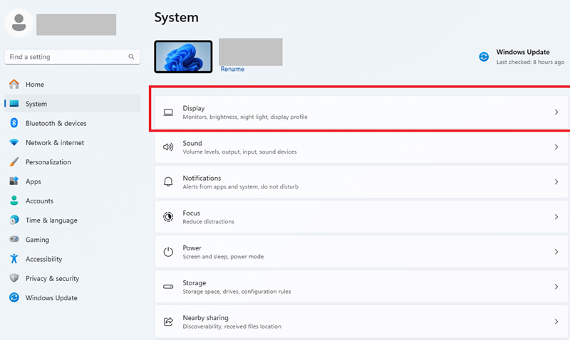 Windows 11 System Setting then Click on Display Setting