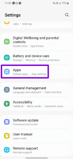Apps section of the Settings app