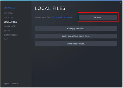 Local Files from the Properties menu and click Browse