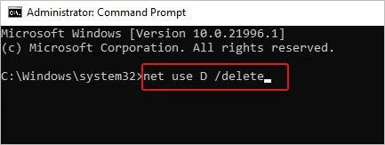 Command Prompt, input net use D delete
