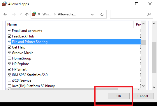 Allow File and Printer Sharing the ok