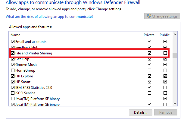 Allow File and Printer Sharing