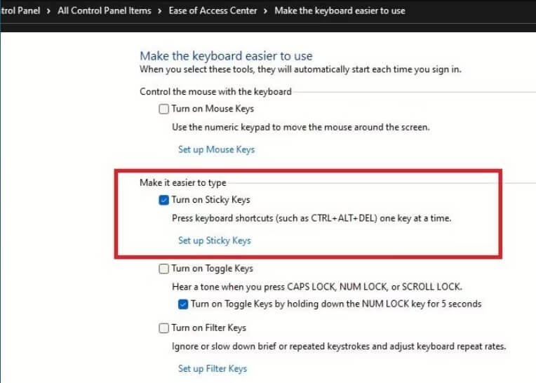 Turn on Sticky Keys