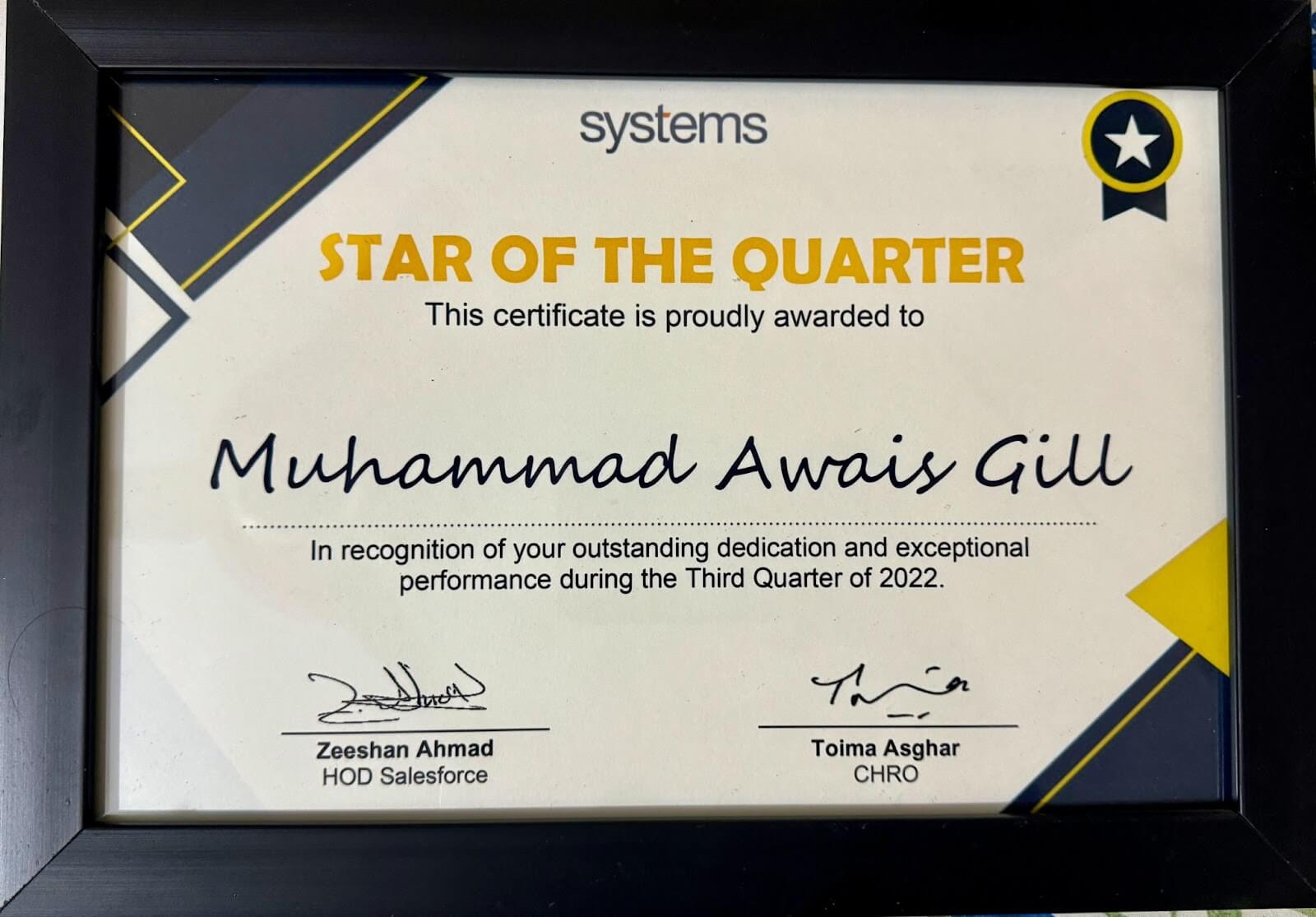 Awais gill Star of the Quarter