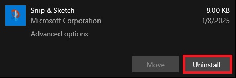 Uninstall snip and sketch