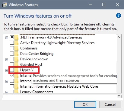 Uncheck the Hyper-V
