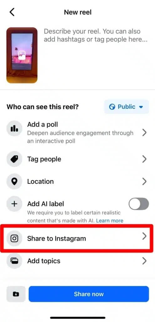 toggle on share to instagram