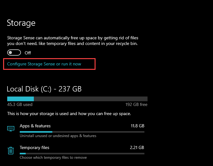 Configure Storage Sense or run it now