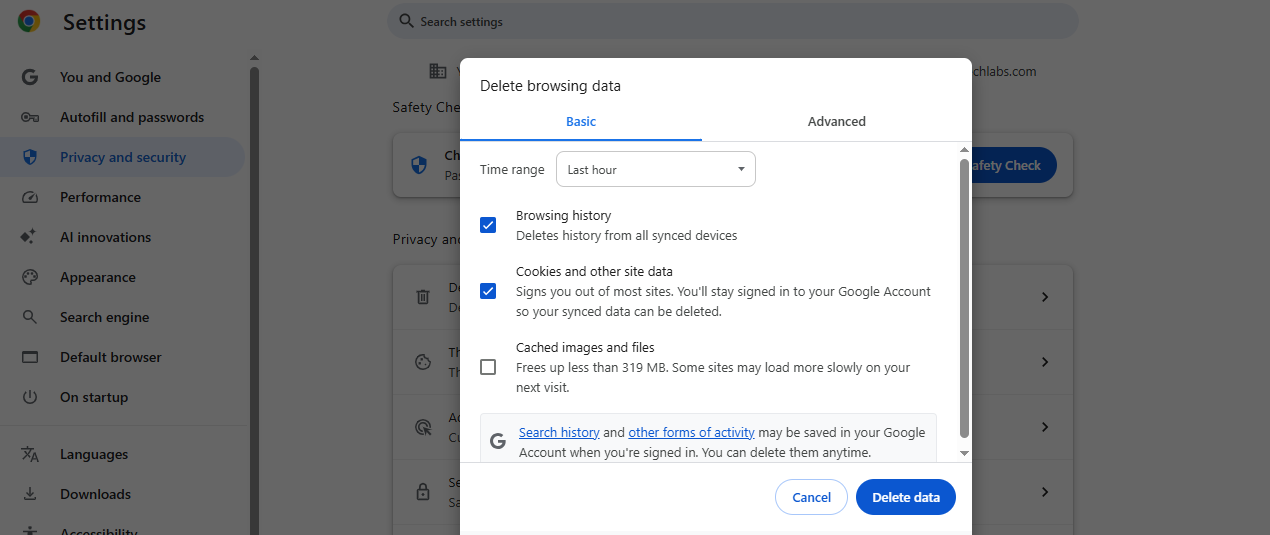 delete browsing data