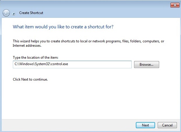 create shortcut for control panel